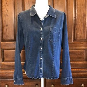 Womens Pearl Snap Button Denim Shirt  STRETCH SZ L